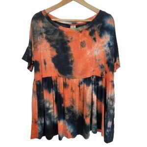 Hayden Los Angeles Baby Doll Hippie Boho Tie Dye Navy Coral Top Oversized Sz S